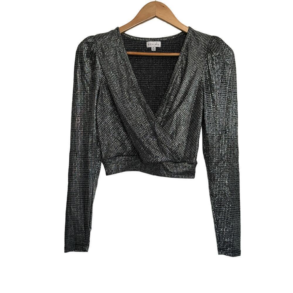 Kit‎ + Sky Top Cropped Long Sleeve Faux Wrap Black Silver Shimmer Sparkle Sz S